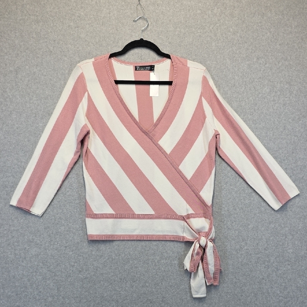 Striped V-Neck Wrap Sweater in Pink and White